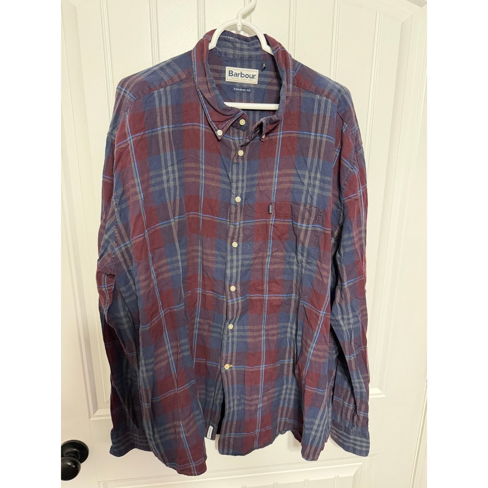 Barbour Shirt Mens XXL Tailored Fit Plaid Burgundy Navy Button Down EUC